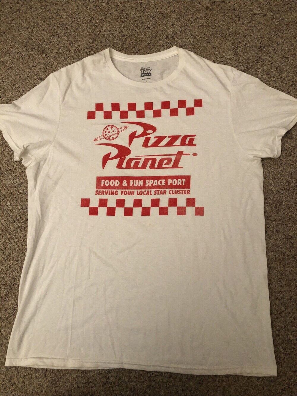 Disney Toy Story Pizza Planet T-Shirt - Adult Large - White Short Sleeve S/S Tee